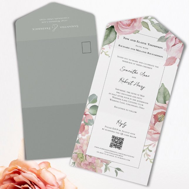 Invitation Tout En Un Aquarelle rose pâle Mariage gris (Elegant pink floral all in one wedding invitations. )