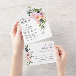 Invitation Tout En Un Aquarelle rose rose moderne Mariage floral