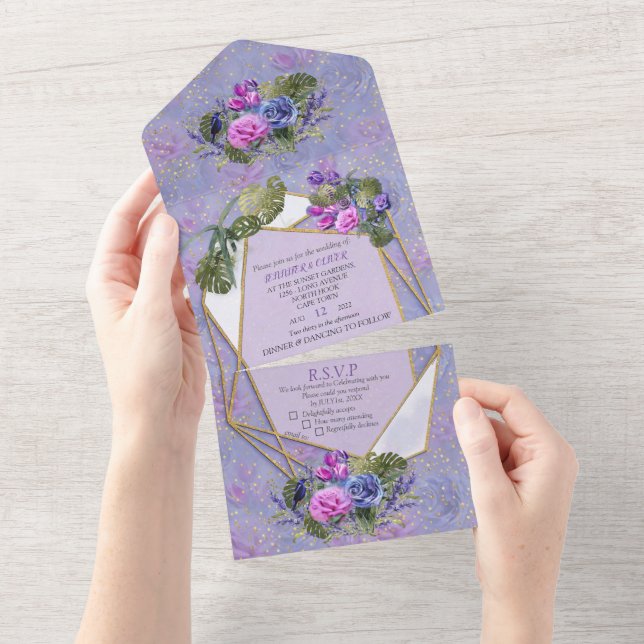 Invitation Tout En Un Aquarelle Roses & Tulipes avec Gold All (Déchirure)
