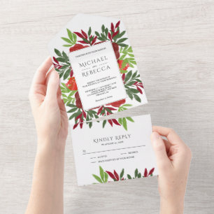 Invitation Tout En Un Aquarelle Rouge Vert Floral Feuille Jardin Mariage