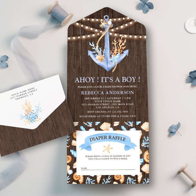 Invitation Tout En Un Aquarelle rustique Ancre nautique Baby shower en b (Créateur téléchargé)
