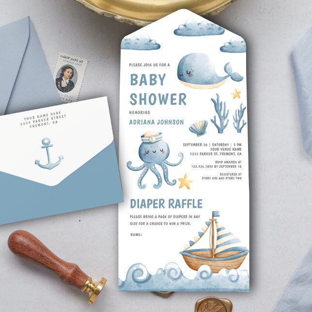 Invitation Tout En Un Aquarelle rustique Cute Baby shower nautique (Créateur téléchargé)
