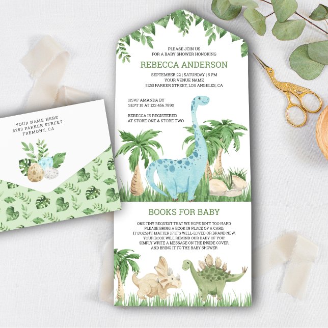 Invitation Tout En Un Aquarelle rustique Jungle Cute Dinosaur Baby showe (Créateur téléchargé)