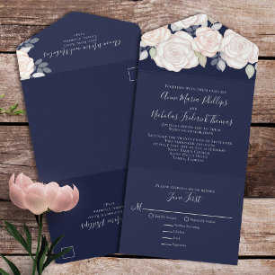 Invitation Tout En Un Aquarelle rustique moderne bleu marine floral
