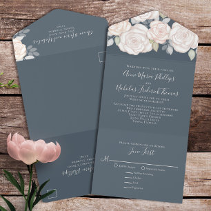 Invitation Tout En Un Aquarelle rustique moderne et élégant gris floral