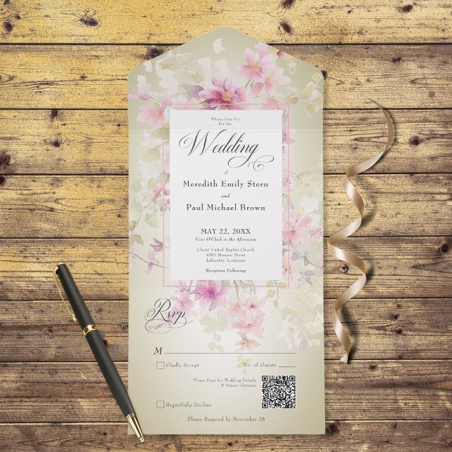 Invitation Tout En Un Aquarelle Rustique rose & Sage Code QR (Also available without a QR code; with or without dinner selection options.)