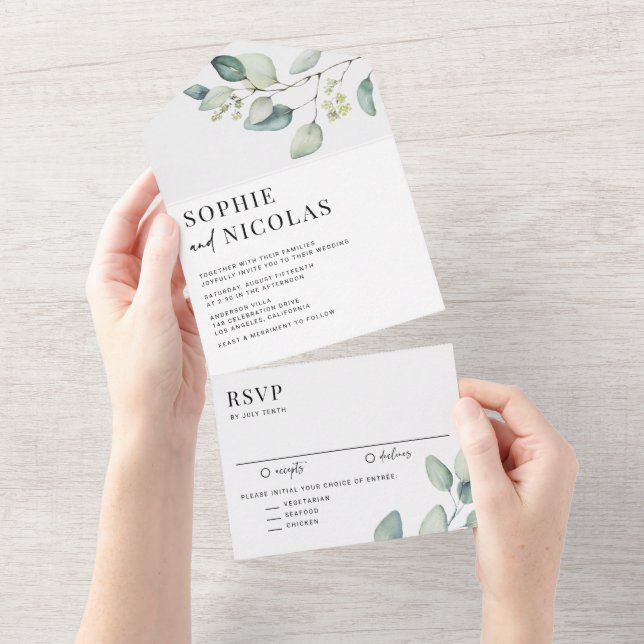 Invitation Tout En Un Aquarelle Sage Vert Eucalyptus Feuille Mariage (Déchirure)