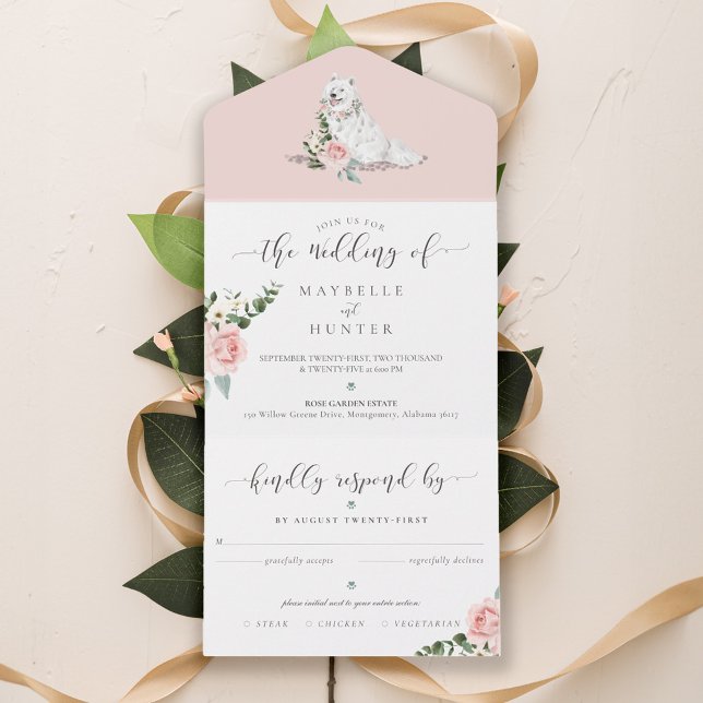 Invitation Tout En Un Aquarelle Samoyed Chien & Floral Rose Fleurs (All-In-One Invitation )