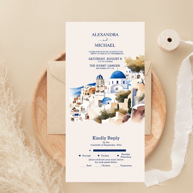 Invitation Tout En Un Aquarelle Santorin Destination Mariage (Créateur téléchargé)
