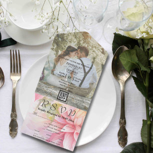 Invitation Tout En Un Aquarelle Style rose Dahlia Photo QR Code Site Web