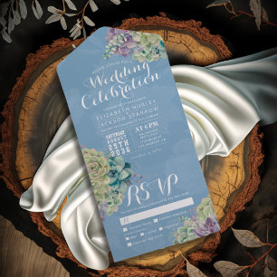 Invitation Tout En Un Aquarelle Succulent Plante Lumière Mariage Bleu RS