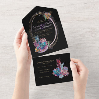Invitation Tout En Un Aquarelle Succulente, noir