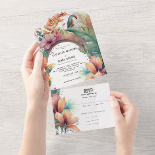 Invitation Tout En Un Aquarelle Tropic Botanical Flowers Mariage