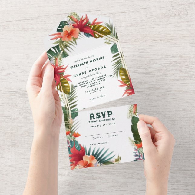 Invitation Tout En Un Aquarelle tropicale exotique Mariage floral (Déchirure)