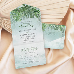 Invitation Tout En Un Aquarelle tropicale Feuille Verdure Plage Mariage