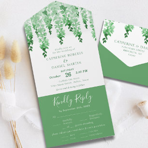 Invitation Tout En Un Aquarelle verte Élégante Mariage Florale