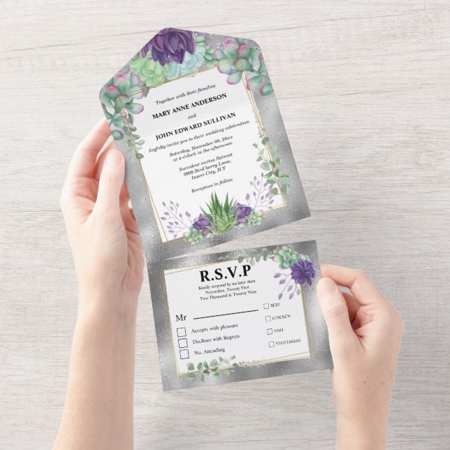 Invitation Tout En Un Aquarelle violette vert paon plante succulent (Déchirure)