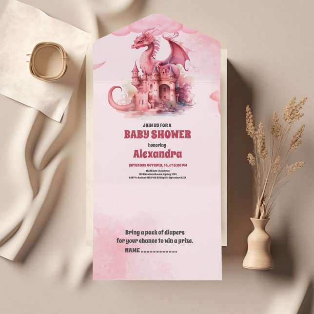 Invitation Tout En Un Aquarelle Whimsical Baby shower de dragon rose (Créateur téléchargé)
