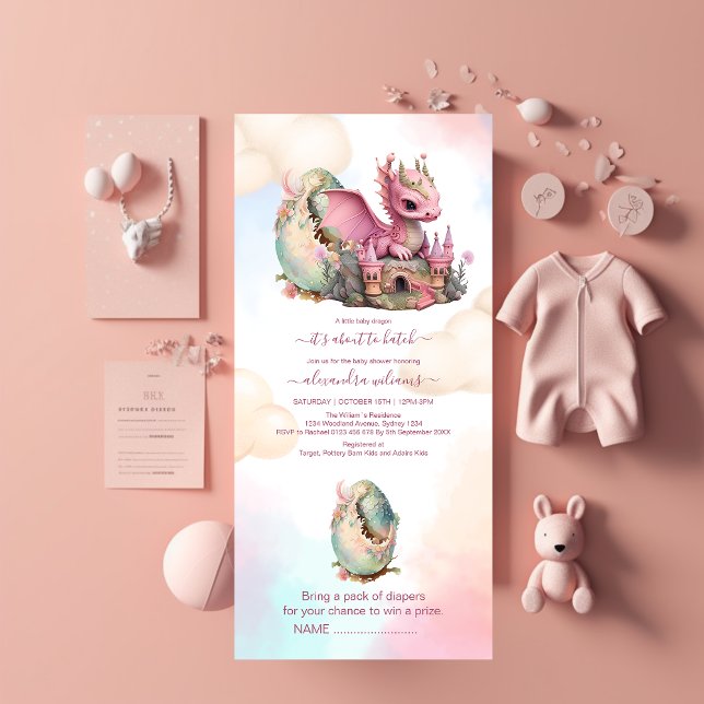 Invitation Tout En Un Aquarelle Whimsical Baby shower de dragon rose (Créateur téléchargé)