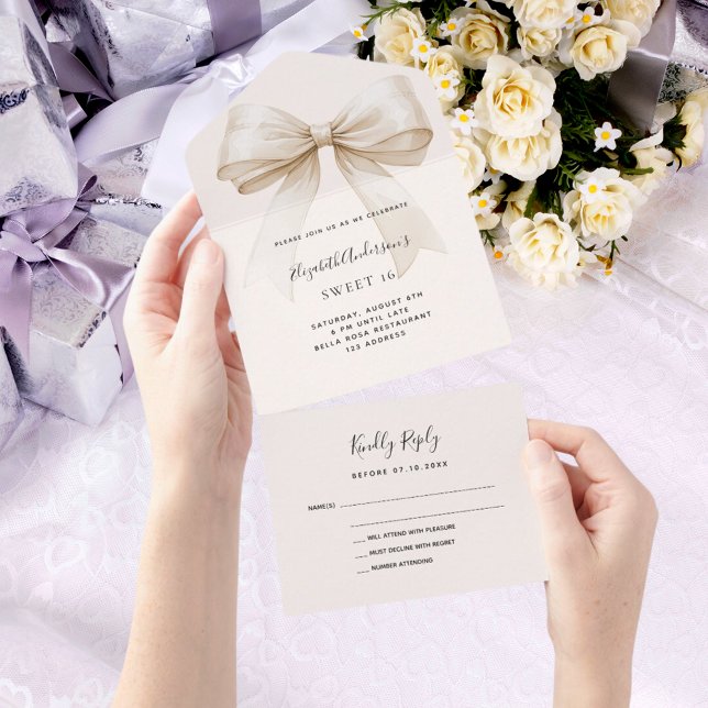 Invitation Tout En Un Arbalète crème beige Sweet 16 rsvp (Créateur téléchargé)