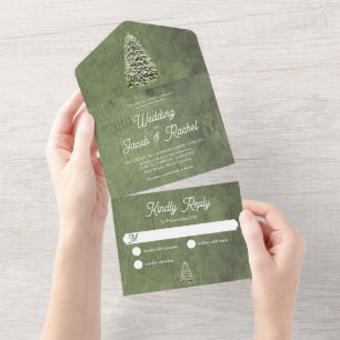 Invitation Tout En Un Arbre de Noël sur bois vert Mariage rustique