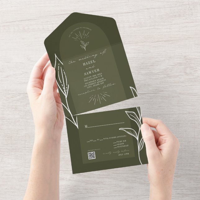 Invitation Tout En Un Arc Botanique Vert Mariage QR RSVP (Déchirure)