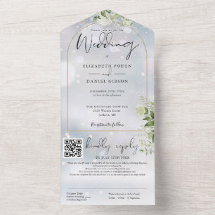 Invitation Tout En Un Arc d'or QR Code Vert Mariage d'hiver