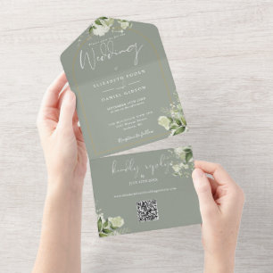 Invitation Tout En Un Arc d'or verdure QR Code Sage Mariage vert
