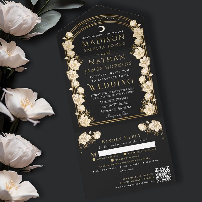 Invitation Tout En Un Arc noir élégant Art nouveau QR Code Mariage (Créateur téléchargé)