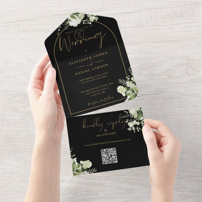 Invitation Tout En Un Arc Noir Et Or Verdure Mariage Code QR (Déchirure)