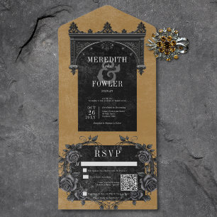 Invitation Tout En Un Arc noir gothique et Rose noir Code QR or
