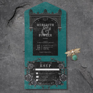 Invitation Tout En Un Arc noir gothique et Rose noir Turquoise Pas de dî