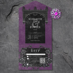 Invitation Tout En Un Arc noir gothique et Rose noir violet code QR