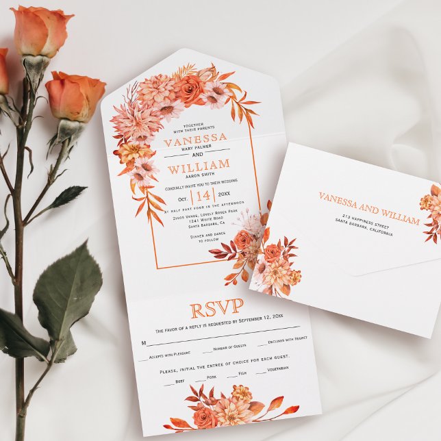 Invitation Tout En Un Arche avec fleurs orange et mariage de automne feu (Créateur téléchargé)