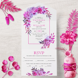Invitation Tout En Un Arche avec fleurs rose magenta et mariage feuille