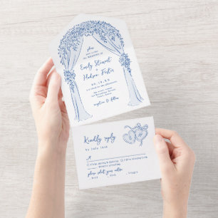 Invitation Tout En Un Arche florale dessinée à la main bleue Mariage fan