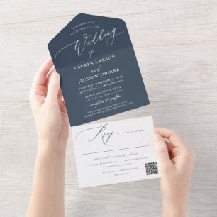 Invitation Tout En Un ArtsApp Moderne Calligraphie Mariage bleu ardoise