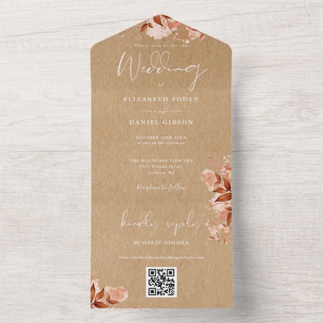 Invitation Tout En Un Automne Automne Floral Rustique Kraft QR Code Mari (À l'intérieur)