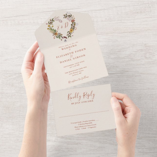 Invitation Tout En Un Automne Automne Rustique Floral Mariage de coeur (Déchirure)