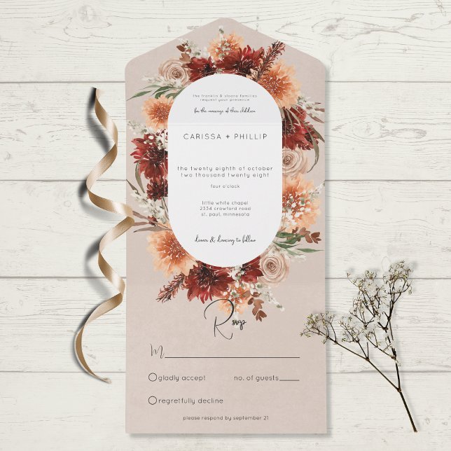 Invitation Tout En Un Automne Boho Rust Peach Floral Oval Beige Non Dîne (Créateur téléchargé)