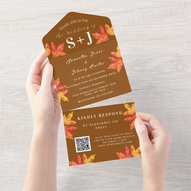 Invitation Tout En Un Automne Feuilles Terracotta QR Code Mariage RSVP (Déchirure)