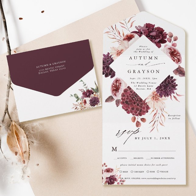 Invitation Tout En Un Automne Romance Aquarelle Mariage Floral (Inside & Back)