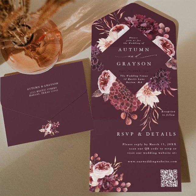 Invitation Tout En Un Automne Romance Bourgogne Floral Mariage QR Code (Inside & Back)