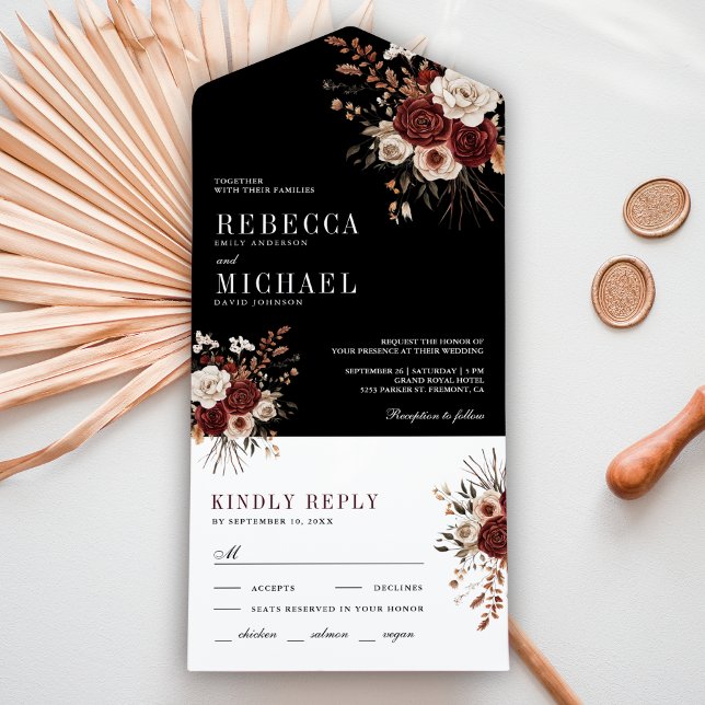 Invitation Tout En Un Automne Russe Bourgogne Floral Noir Mariage (Créateur téléchargé)