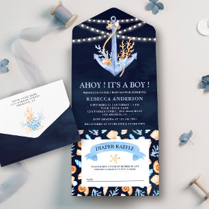 Invitation Tout En Un Baby Shower à l'aquarelle avec ancre nautique bleu