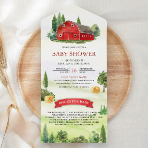 Invitation Tout En Un Baby-Shower à l'aquarelle rustique Rouge Ferme de 
