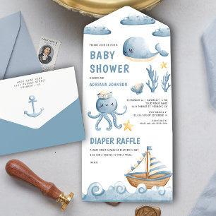 Invitation Tout En Un Baby Shower aquarelle rustique thème marin adorabl