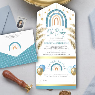 Invitation Tout En Un Baby shower arc-en-ciel bleu laiton rustique Pampa