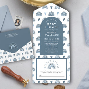 Invitation Tout En Un Baby shower arc-en-ciel Blue Arch Boho
