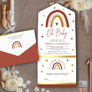 Invitation Tout En Un Baby shower arc-en-ciel en bois de Terracotta